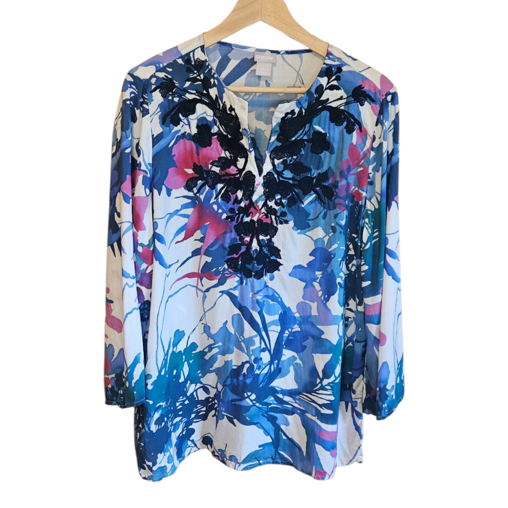 Chico's Size 2 Large Blue Floral Modal Embroidered Split Neck Tunic Blouse